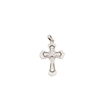 Ciondolo croce traforata e zirconata bianca con x centrale e punte finali placcato oro bianco in argento 925
