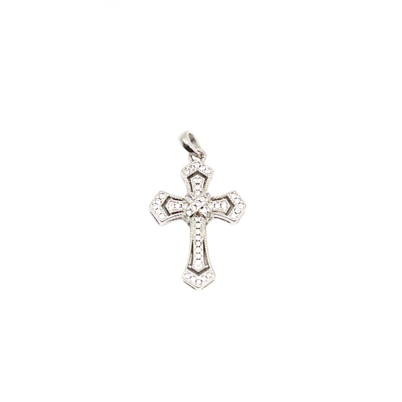 Ciondolo croce traforata e zirconata bianca con x centrale e punte finali placcato oro bianco in argento 925