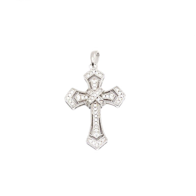 Ciondolo croce traforata e zirconata bianca con x centrale e punte finali placcato oro bianco in argento 925