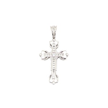 Ciondolo croce traforata e zirconata con baguette e cipolline bianche placcato oro bianco in argento 925