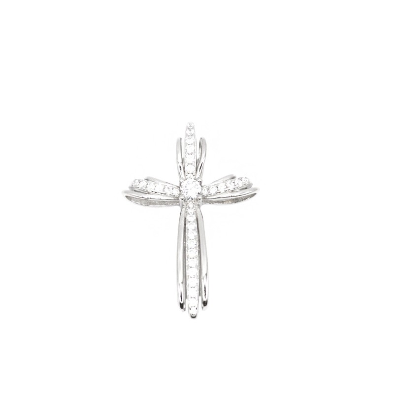 Ciondolo croce a fili zirconata bianca passante con zircone centrale placcato oro bianco in argento 925