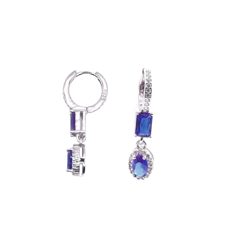 Orecchini cerchio zirconato bianco con baguetta e ovale blu in cornice di zirconi bianchi placcati oro bianco in argento 925
