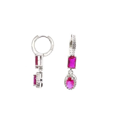 Orecchini cerchio zirconato bianco con baguetta e ovale rosso in cornice di zirconi bianchi placcati oro bianco in argento 925