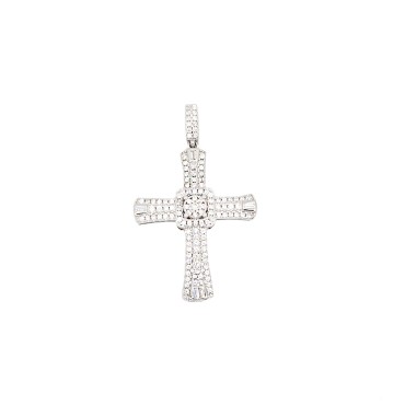 Ciondolo croce zirconata con baguetta finale bianche placcato oro bianco in argento 925