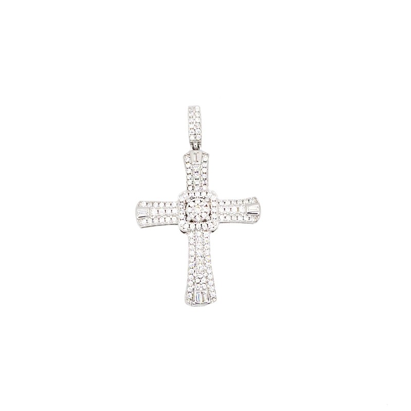 Ciondolo croce zirconata con baguetta finale bianche placcato oro bianco in argento 925