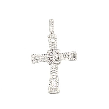 Ciondolo croce zirconata con baguetta finale bianche placcato oro bianco in argento 925