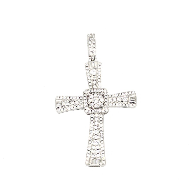 Ciondolo croce zirconata con baguetta finale bianche placcato oro bianco in argento 925