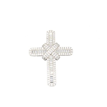 Ciondolo croce passante zirconata bianca con x centrale e baguette bianche placcato oro bianco in argento 925