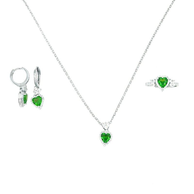 Completo collana,anello e coppia di orecchini a cerchio cuore verde in cornice di zirconi bianchi e cuore a spole in argento925