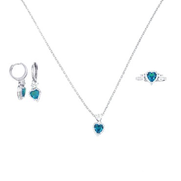 Completo collana ,anello e coppia orecchini a cerchio cuore azzurro in cornice di zirconi bianchi e cuore a spole in argento925