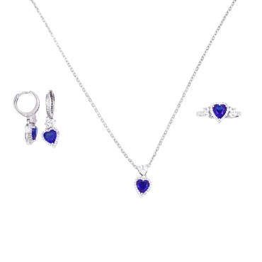Completo collana ,anello e coppia di orecchini a cerchio cuore blu in cornice di zirconi bianchi e cuore a spole in argento925