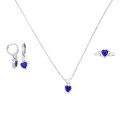 Completo collana ,anello e coppia di orecchini a cerchio cuore blu in cornice di zirconi bianchi e cuore a spole in argento925