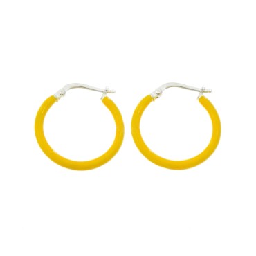 White gold plated hoop earrings with yellow enameled snap closure in 925 silver