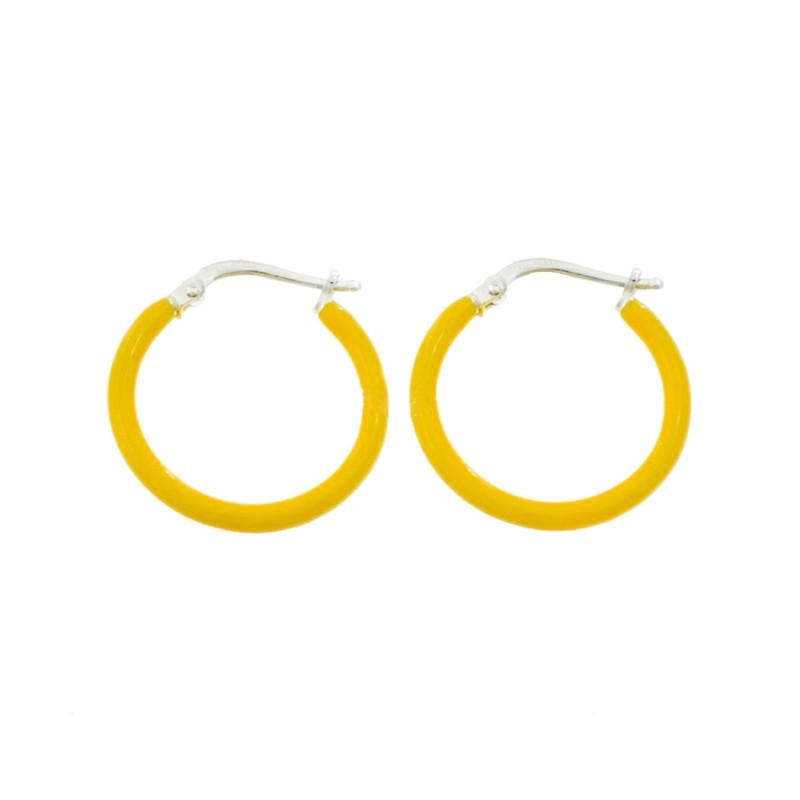 Orecchini a cerchio con chiusura a scattino smaltato giallo placcati oro bianco in argento 925