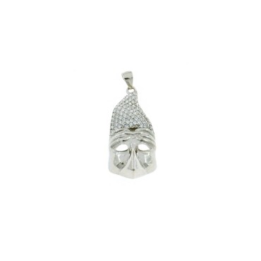 Convex and perforated pulcinella mask pendant with hat in white zircons pave white gold plated 925 silver