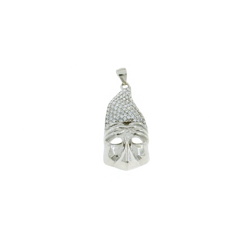 Convex and perforated pulcinella mask pendant with hat in white zircons pave white gold plated 925 silver