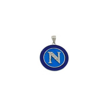 Ciondolo medaglia Napoli smaltata azzurra e blu con lettera N zirconata bianca placcato oro bianco in argento 925