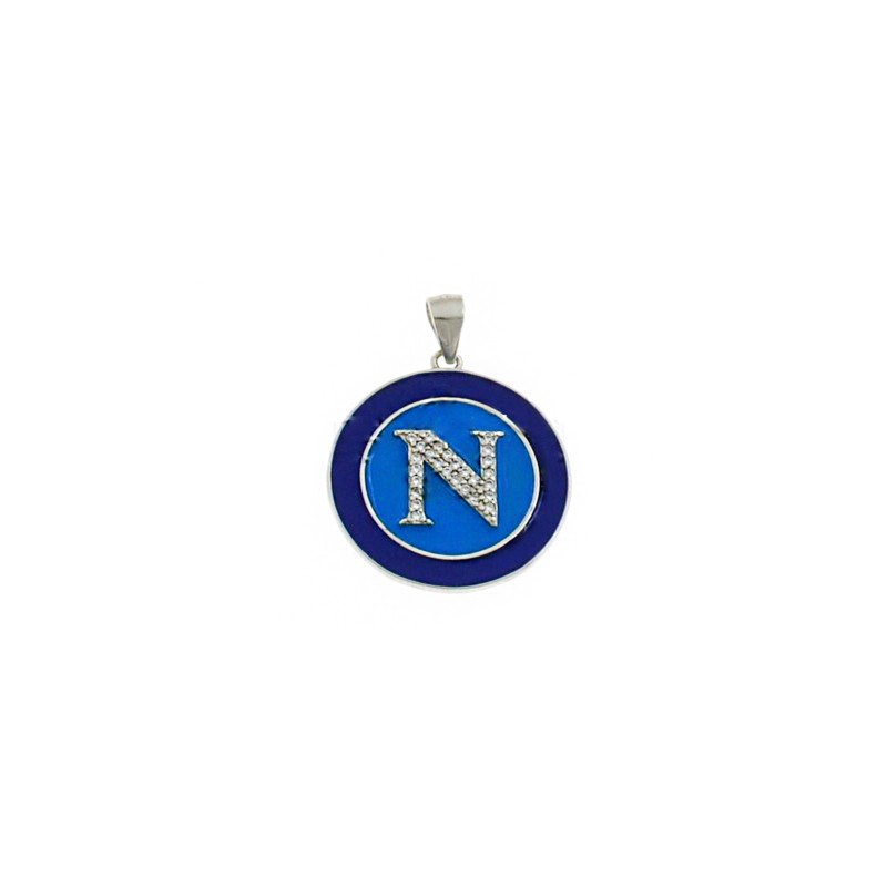 Napoli blue and blue enamelled medal pendant with white zircon letter N white gold plated in 925 silver