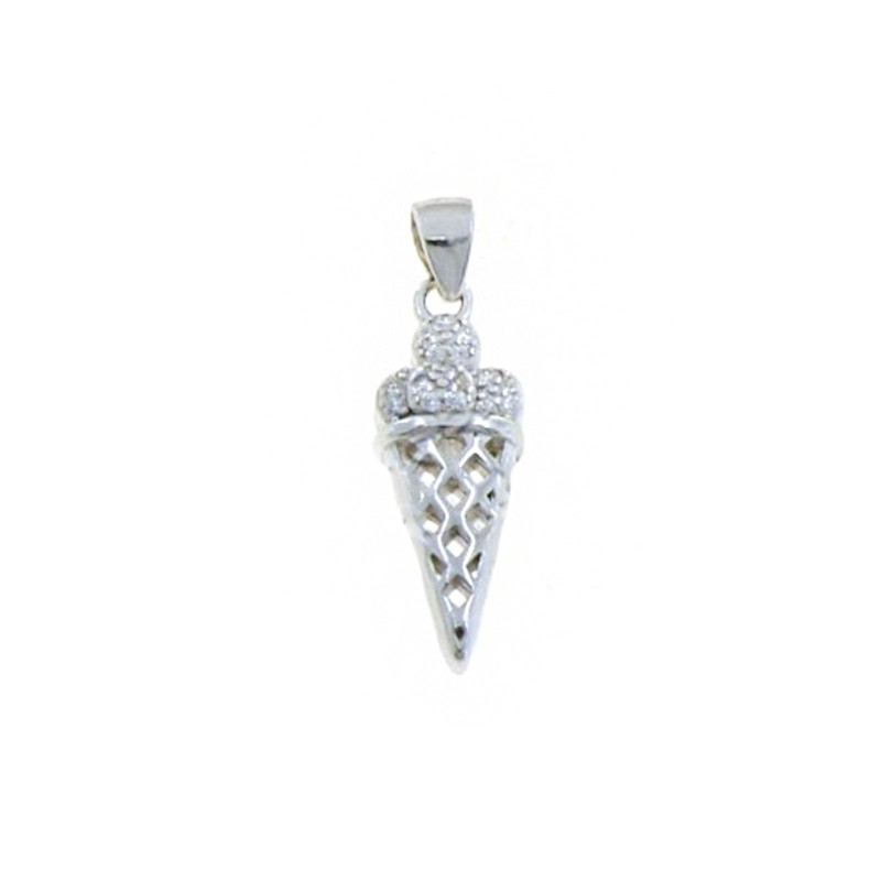 White semi-zircon ice cream pendant with white gold plated openwork cone in 925 silver