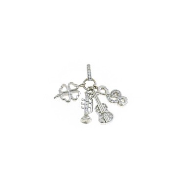 Pendant with guitar, clarinet and treble clef pendants in white semizirconia and openwork four-leaf clover white gold plated