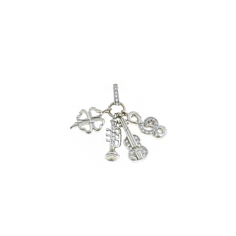 Pendant with guitar, clarinet and treble clef pendants in white semizirconia and openwork four-leaf clover white gold plated