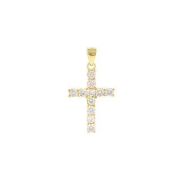 Cross pendant with black zircons with 4 claws white gold plated in 925 silver