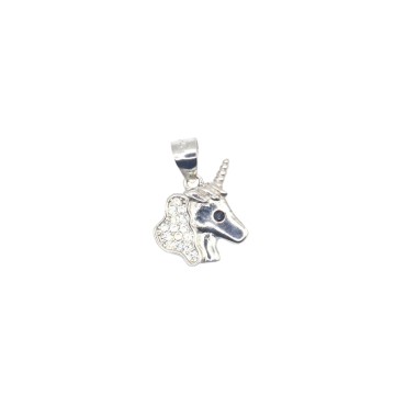 White semi-zircon unicorn head pendant with white gold plated black zircon eye in 925 silver