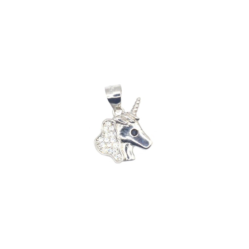 White semi-zircon unicorn head pendant with white gold plated black zircon eye in 925 silver