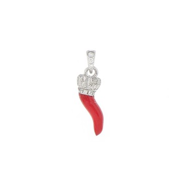 Ciondolo corno smaltato rosso con corona incisa,  base e contromaglia zirconate bianche placcato oro bianco in argento 925