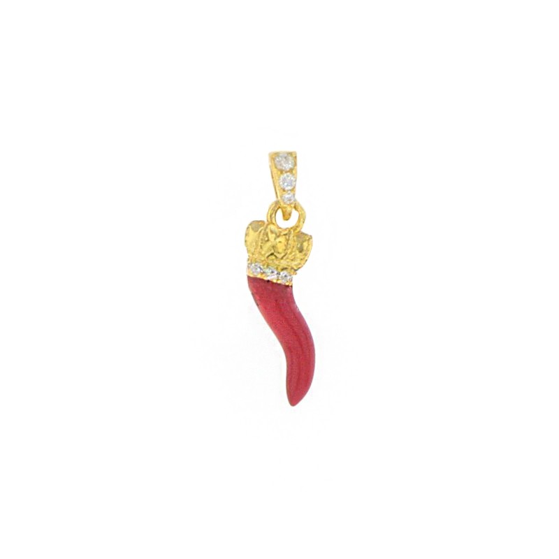 Ciondolo corno smaltato rosso con corona incisa,  base e contromaglia zirconate bianche placcato oro giallo in argento 925