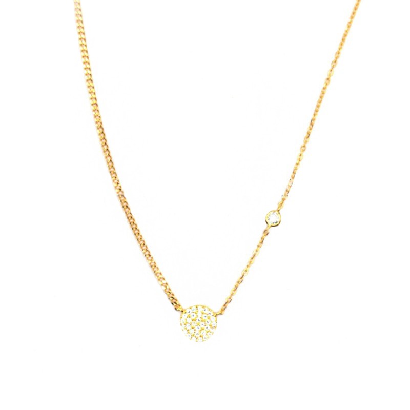 Grumettina and small force link necklace with central round in white zircons pave and white zircon with yellow gold-plated side 