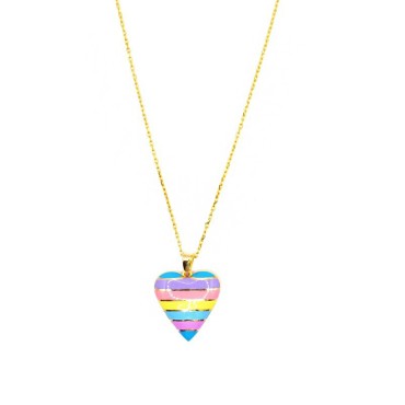Forced link necklace with multicolor enameled convex heart pendant with horizontal lines yellow gold plated in 925 silver