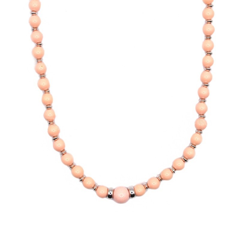 Pink coral paste ball necklace with white gold plated silver washers