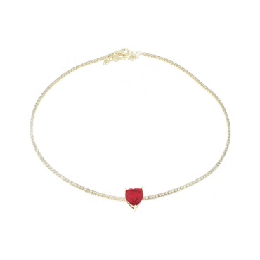 Tennis necklace with white zircons and central red zircon heart yellow gold plated in 925 silver