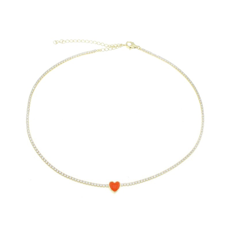 Tennis necklace of white zircons with central orange enameled heart, yellow gold plated in 925 silver