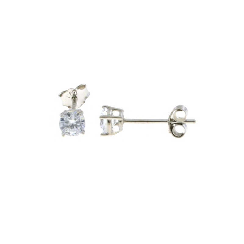 Point of light earrings with 4-prong white zircon of 4 mm on a white gold plated base in 925 silver
