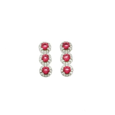 Lobe earrings with red zircons in white gold plated white zircon frames in 925 silver