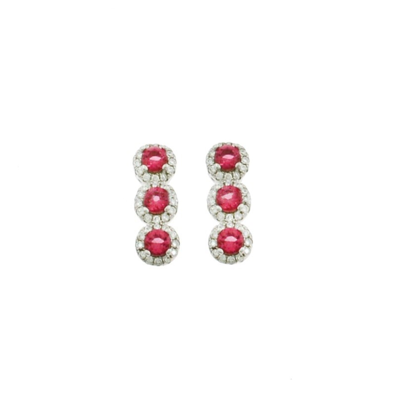 Lobe earrings with red zircons in white gold plated white zircon frames in 925 silver