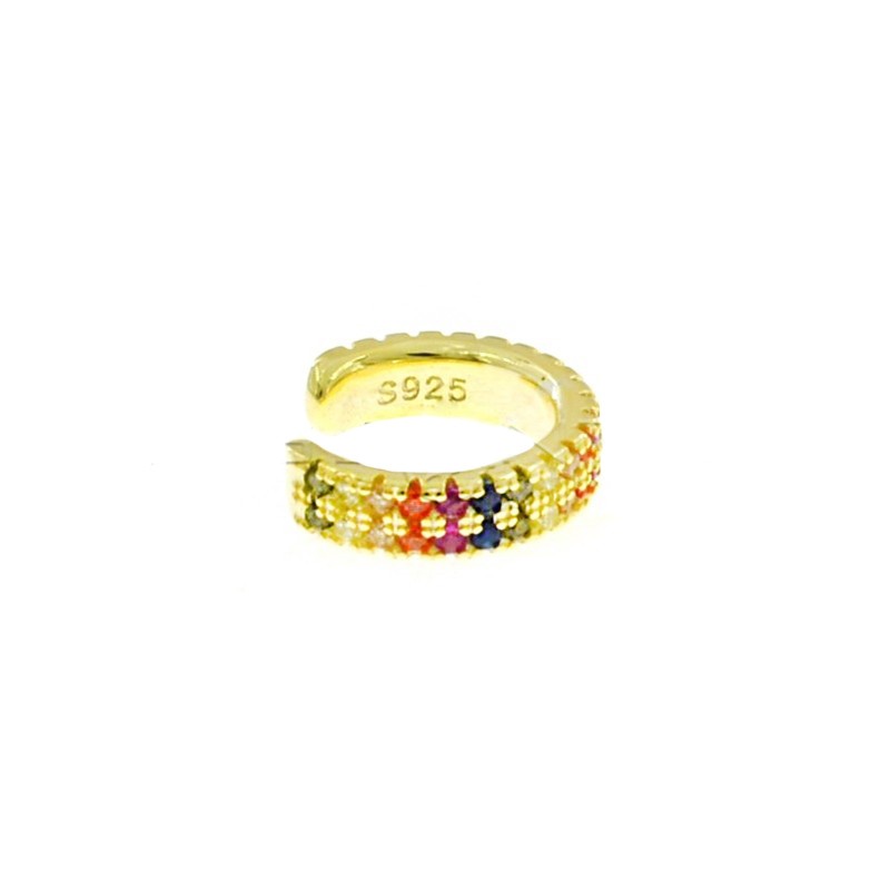Circle ear cuff with 2 rows of multicolor zircons in yellow gold plated 925 silver