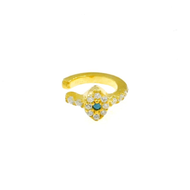 Ear cuff a cerchio semizirconato bianco con occhio con pupilla in pasta di turchese placcato oro giallo in argento 925