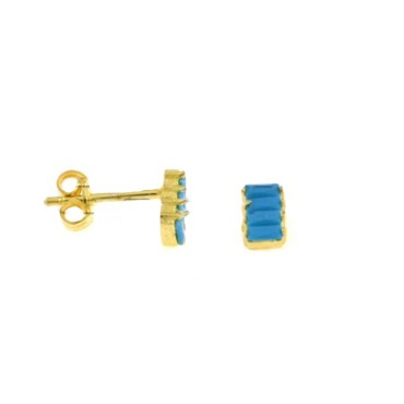 Rectangle lobe earrings of baguettes in turquoise paste, yellow gold plated in 925 silver