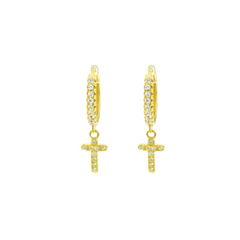 Hoop earrings with white cubic zirconia, snap clasp and cross pendant in white cubic zirconia pave yellow gold plated in 925 sil