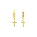 Hoop earrings with white cubic zirconia, snap clasp and cross pendant in white cubic zirconia pave yellow gold plated in 925 sil