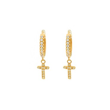 Hoop earrings with white zircons, snap clasp and cross pendant in 925 silver rose gold-plated white zircons pave