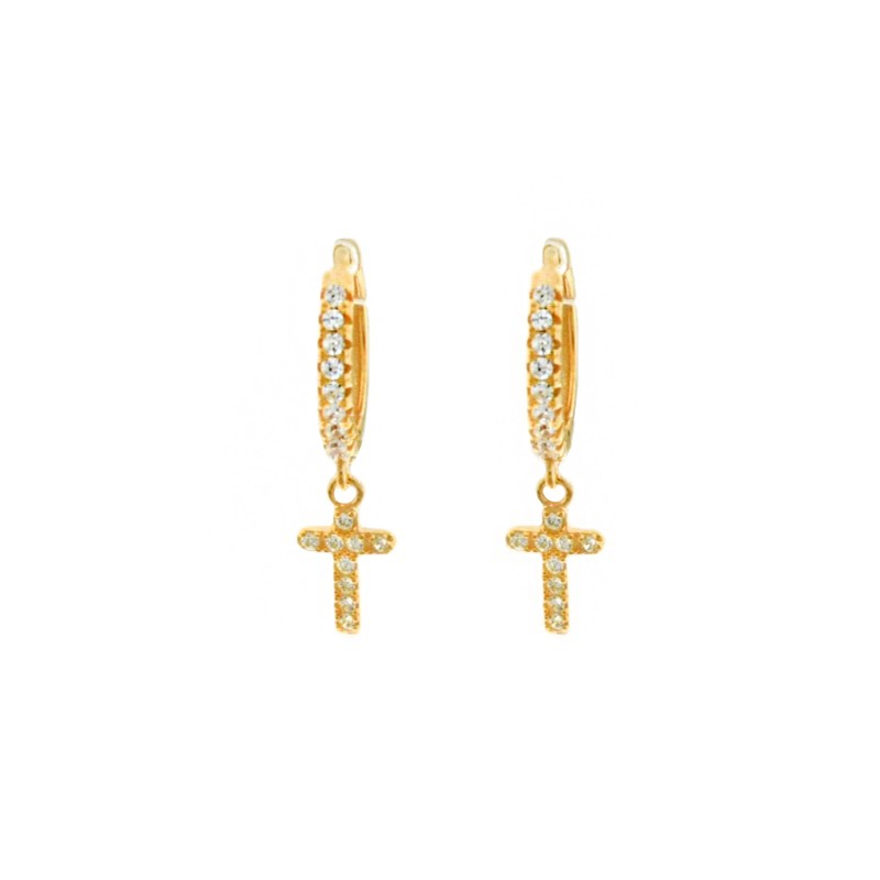 Hoop earrings with white zircons, snap clasp and cross pendant in 925 silver rose gold-plated white zircons pave