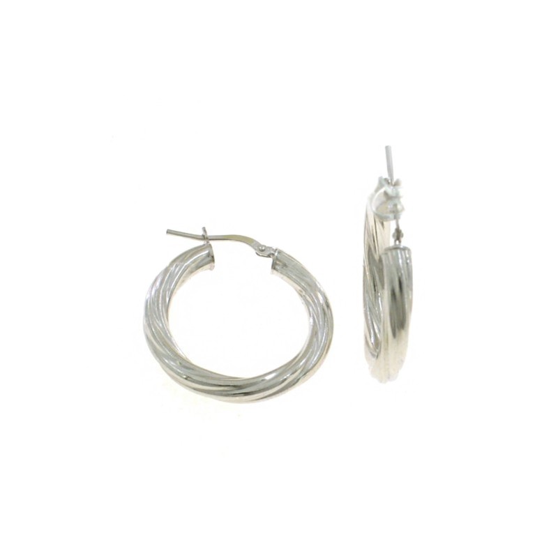 Orecchini a cerchio torchon ø 28 mm con chiusura a ponte placcati oro bianco in argento 925