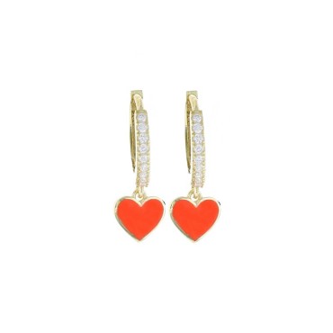 White semi-zircon hoop earrings with orange enamel pendant heart and yellow gold plated snap clasp in 925 silver