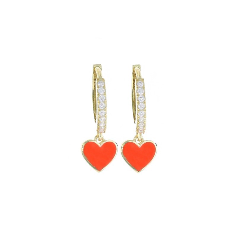 White semi-zircon hoop earrings with orange enamel pendant heart and yellow gold plated snap clasp in 925 silver