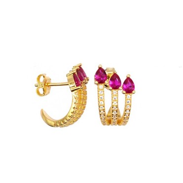 Simicircle stud earrings with three white zirconia strands with fuchsia zircon drops and yellow gold plated snap attachment in 9
