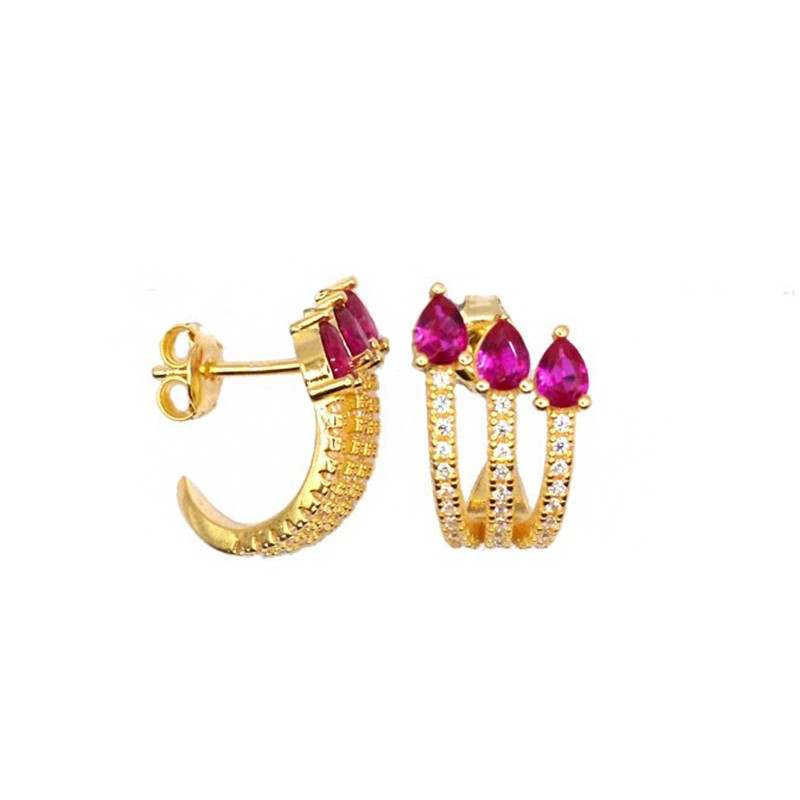 Simicircle stud earrings with three white zirconia strands with fuchsia zircon drops and yellow gold plated snap attachment in 9